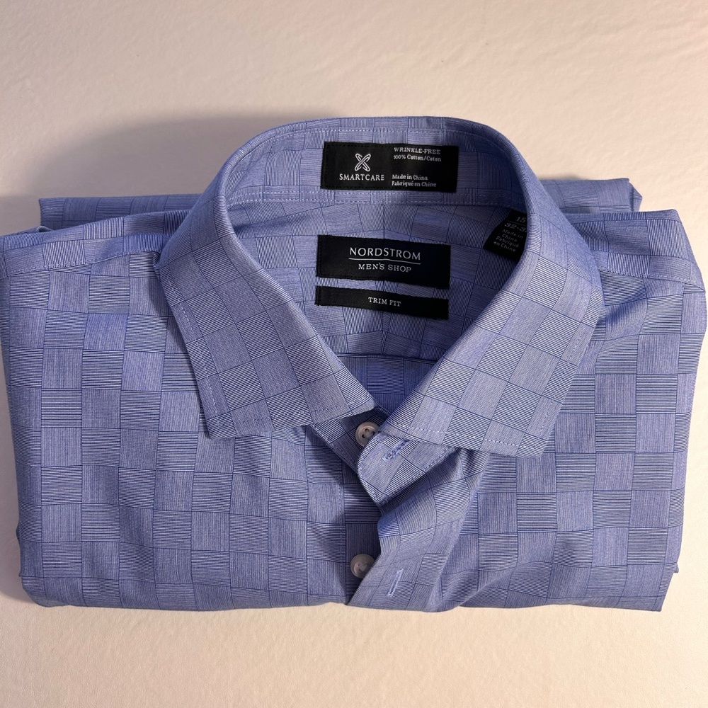 Nordstrom Mens Long Sleeve Shirt 15 1/2 32-33 Blue Plaid Wrinkle Free (CL0112)
